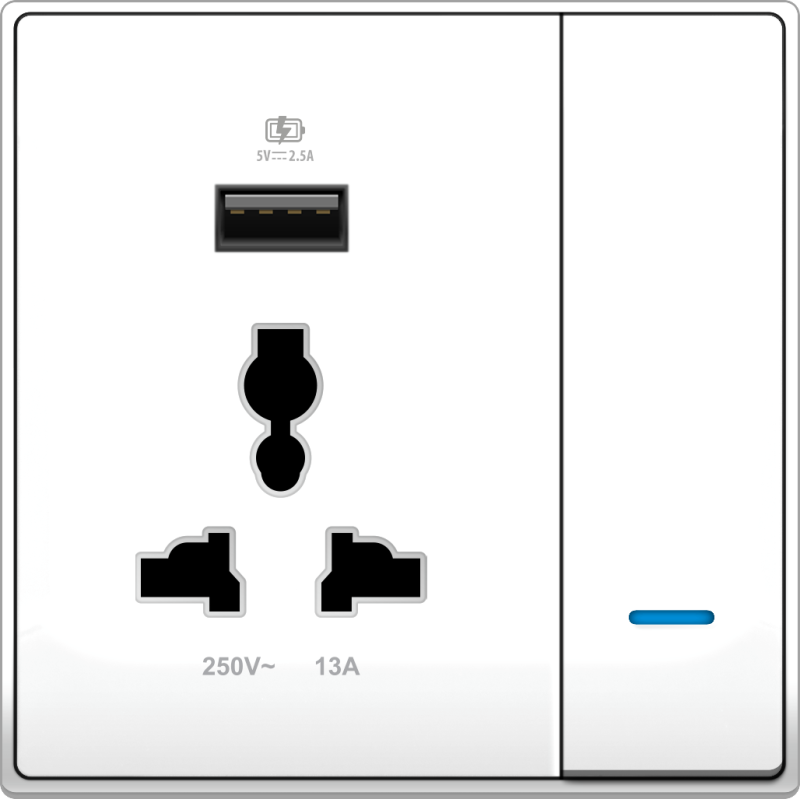 B5000 Universal Socket Outlet w/ 2.5A USB Charger & Switch w/ Blue LED Indicator B5000 Universal Socket Outlet w/ 2.5A USB Charger & Switch w/ Blue LED Indicator