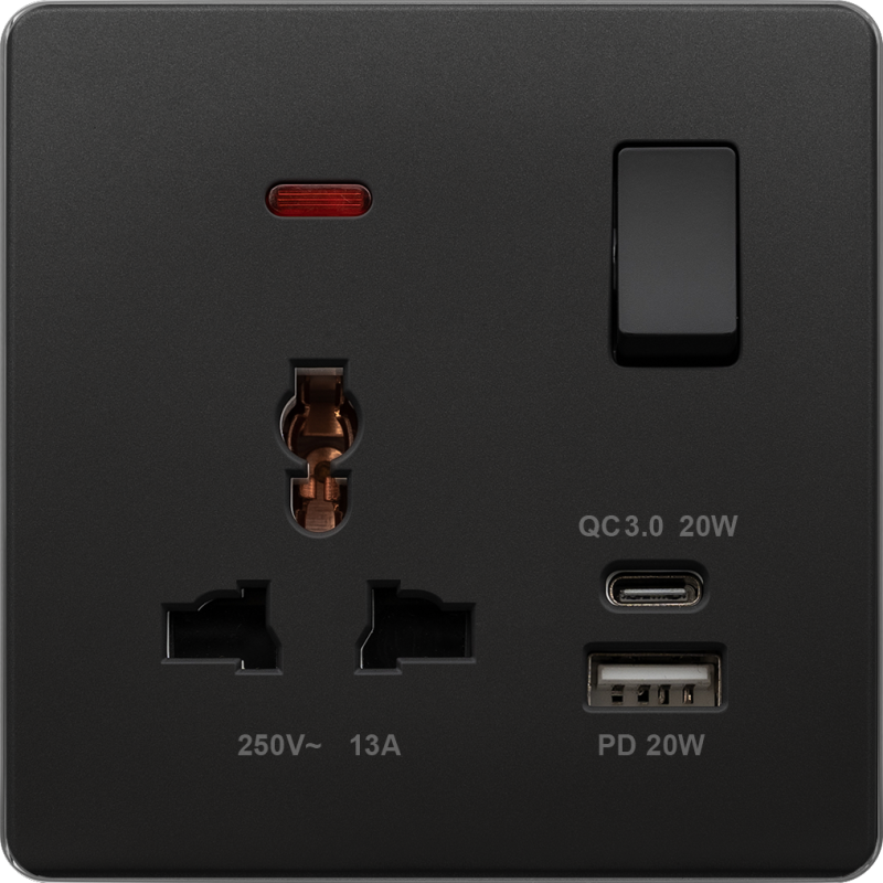 BE75113SPDC20 BKSC 13A Universal & 2 pin, 20W Charger USB A+C