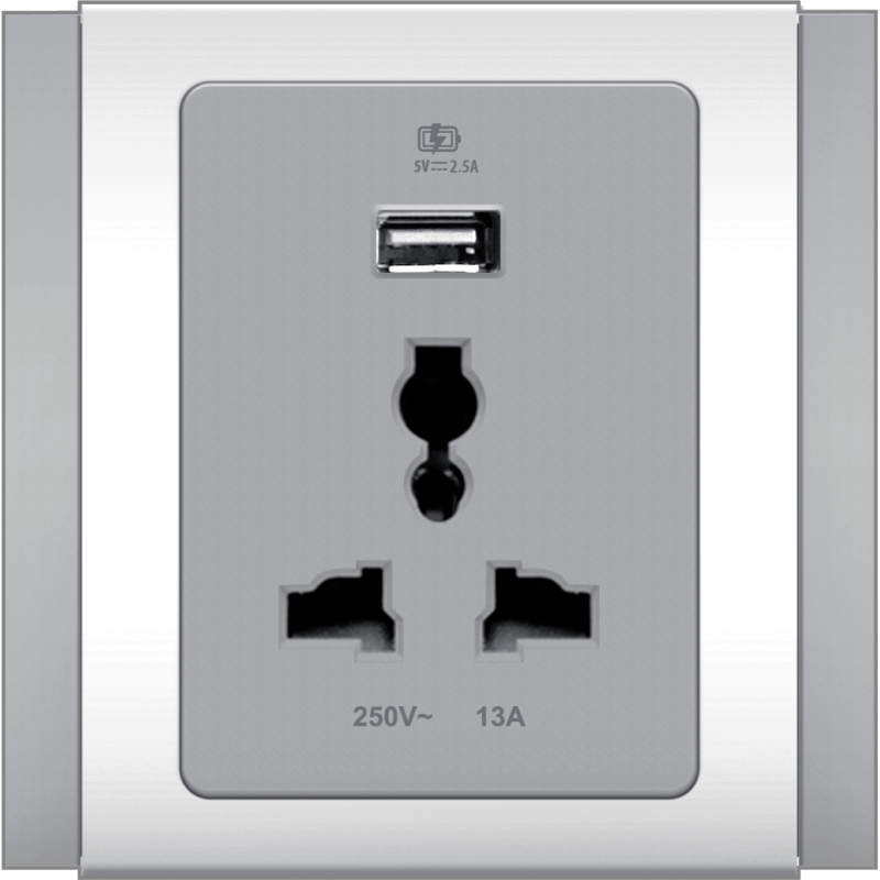 B3000 Universal Socket w/ USB Charger Outlet (Grey)