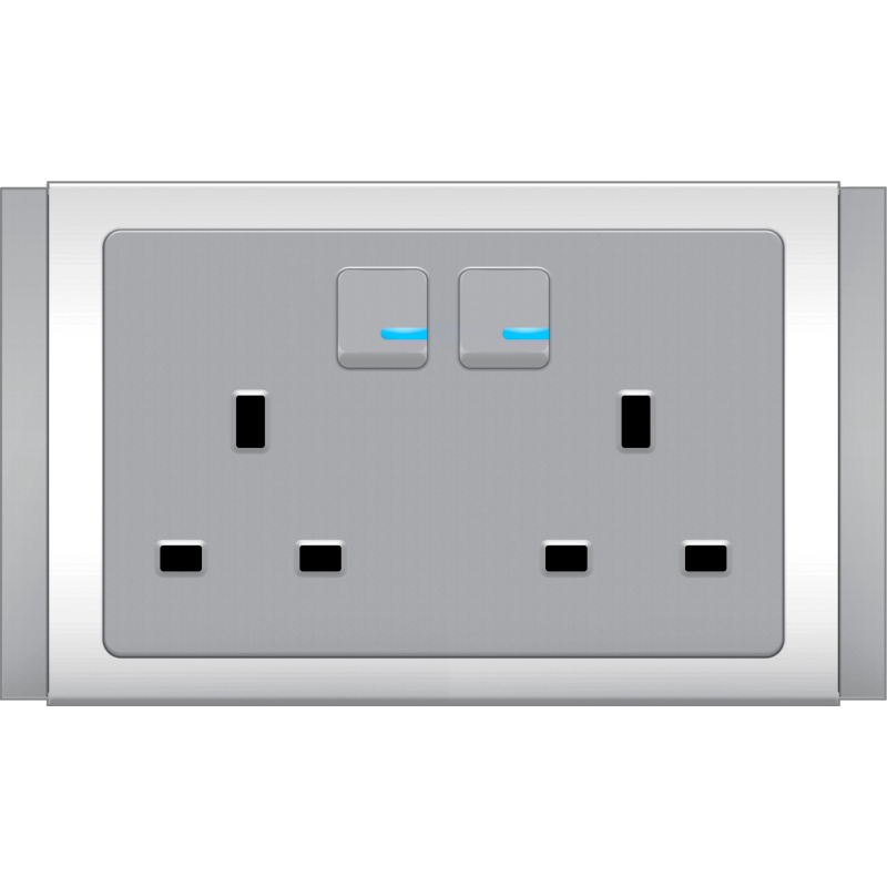 B3000 BS Twin Socket Outlet w/ Switch & Blue LED Indicator (Grey)